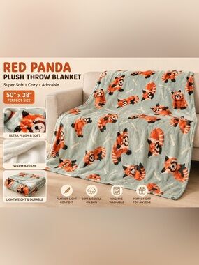 Red Panda Plush Throw Blanket - Cozy Cream & Orange Design Very soft
50”x38”